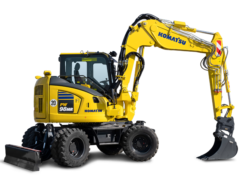 Midi-pelle sur pneus Komatsu – PW98MR-11 Matériel Komatsu France SAMI TP pour entreprise de travaux publics, génie civil, de construction. Machine d'occasion et neuves. Location machine. Machine btp. Location pelle.